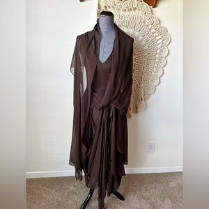 Morgane Le Fay Chocolate Brown Silk Draped Avant Garde Midi Dress Size XS